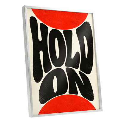 Hold On in Scarlet, black, red, beige abstract wall art shown as a silver framed poster wall art print