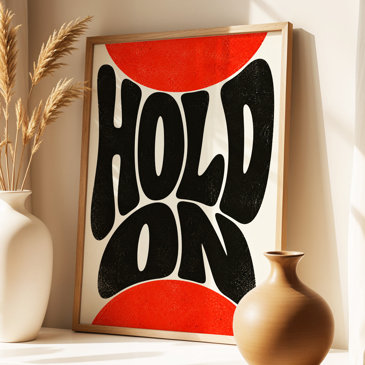 Hold On in Scarlet, black, red, beige abstract wall art displayed in a styled interior, gallery view 3