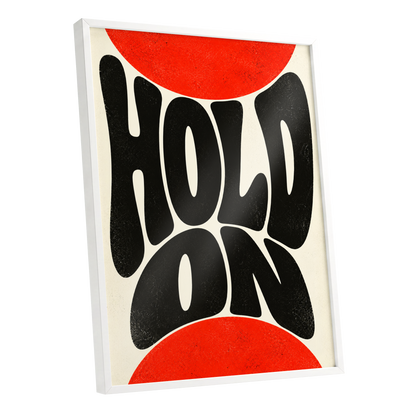 Hold On in Scarlet, black, red, beige abstract wall art shown as a white framed poster wall art print