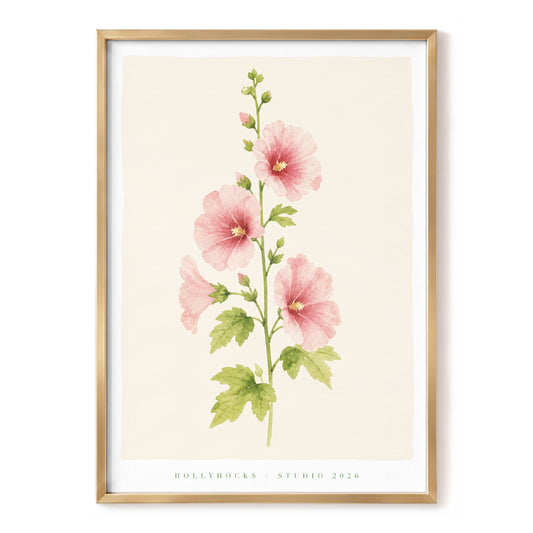 Hollyhock Reverie, pink, green, beige floral wall art, front artwork view