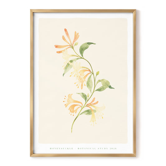 Honeysuckle Reverie, beige, green, orange floral wall art, front artwork view