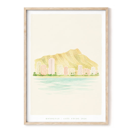 Honolulu Hush, beige, green, blue minimalist wall art, front artwork view