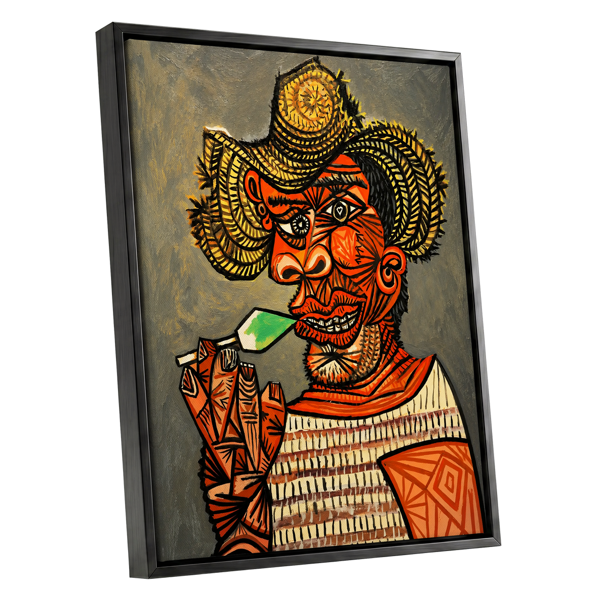 Horned Revelry, orange, black, gray abstract wall art shown as a black framed canvas wall art