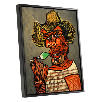 Horned Revelry, orange, black, gray abstract wall art shown as a black framed canvas wall art