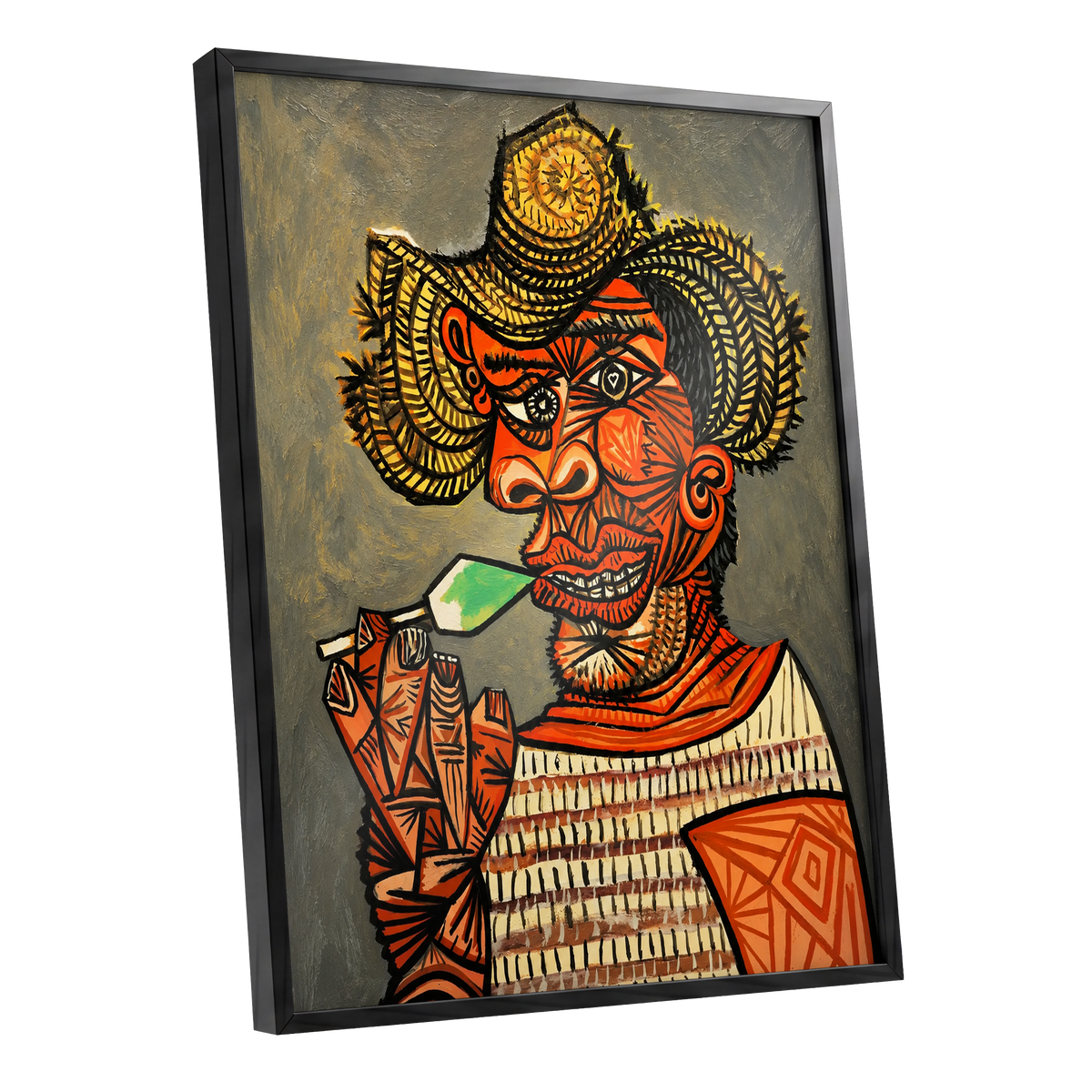 Horned Revelry, orange, black, gray abstract wall art shown as a black framed poster wall art print