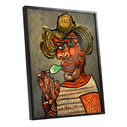 Horned Revelry, orange, black, gray abstract wall art shown as a black framed poster wall art print
