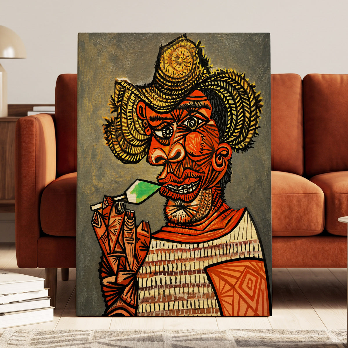 Horned Revelry, orange, black, gray abstract wall art on canvas displayed in a styled interior, gallery view 1