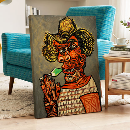 Horned Revelry, orange, black, gray abstract wall art on canvas displayed in a styled interior, gallery view 2