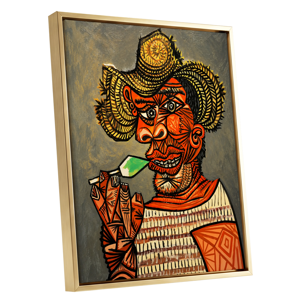 Horned Revelry, orange, black, gray abstract wall art shown as a gold framed canvas wall art