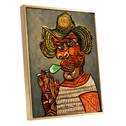 Horned Revelry, orange, black, gray abstract wall art shown as a gold framed canvas wall art