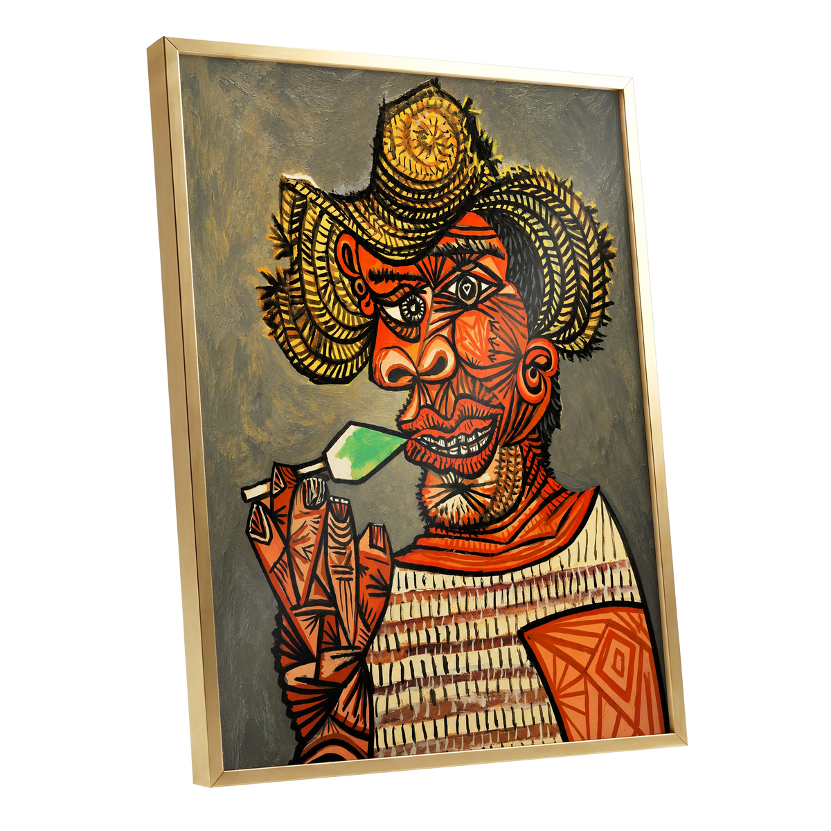 Horned Revelry, orange, black, gray abstract wall art shown as a gold framed poster wall art print