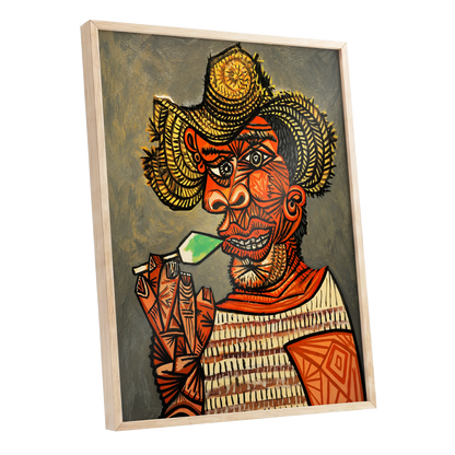 Horned Revelry, orange, black, gray abstract wall art shown as a oak framed poster wall art print