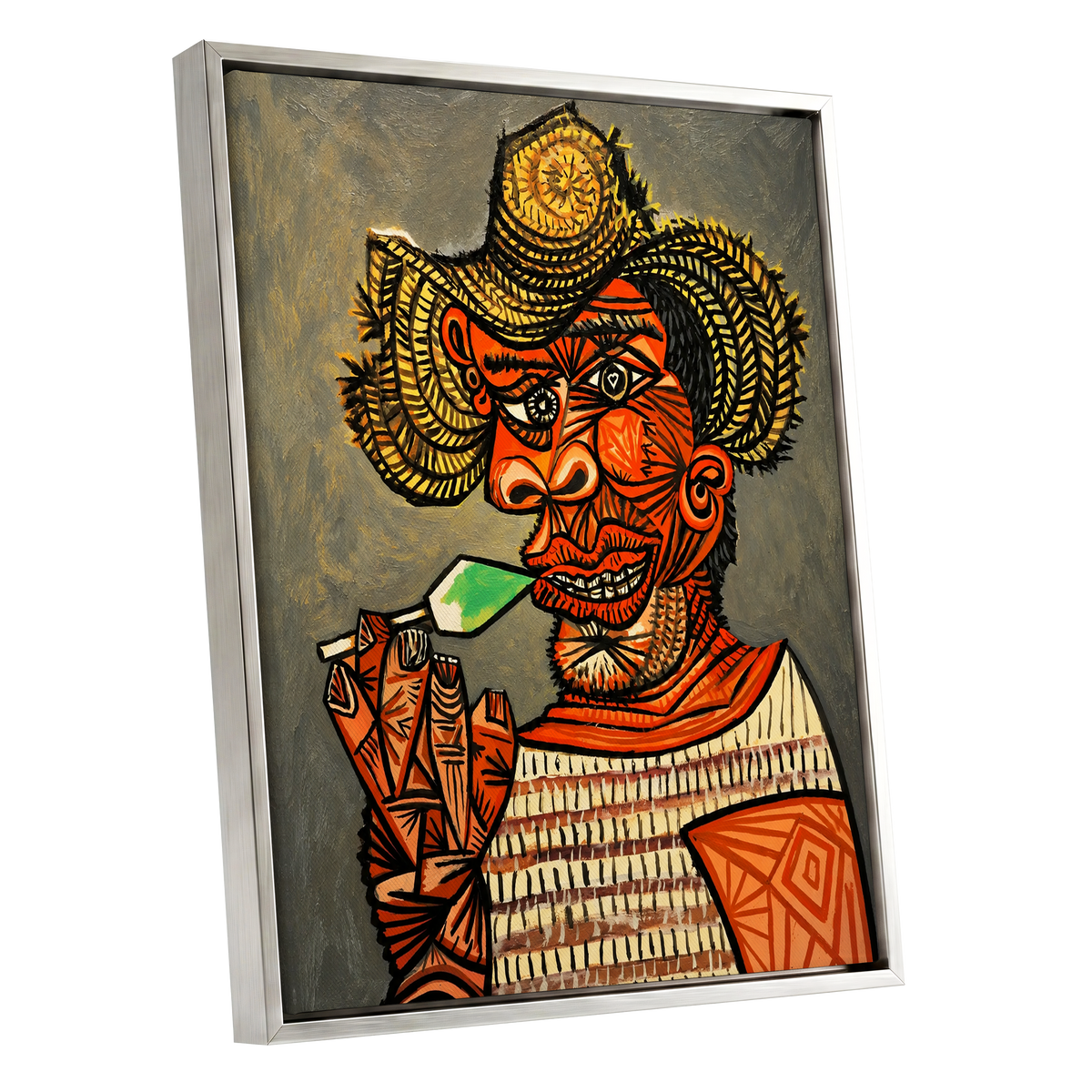 Horned Revelry, orange, black, gray abstract wall art shown as a silver framed canvas wall art