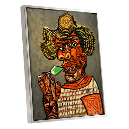 Horned Revelry, orange, black, gray abstract wall art shown as a silver framed canvas wall art