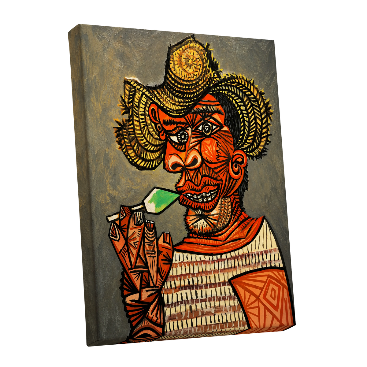 Horned Revelry, orange, black, gray abstract wall art shown as a stretched canvas wall art