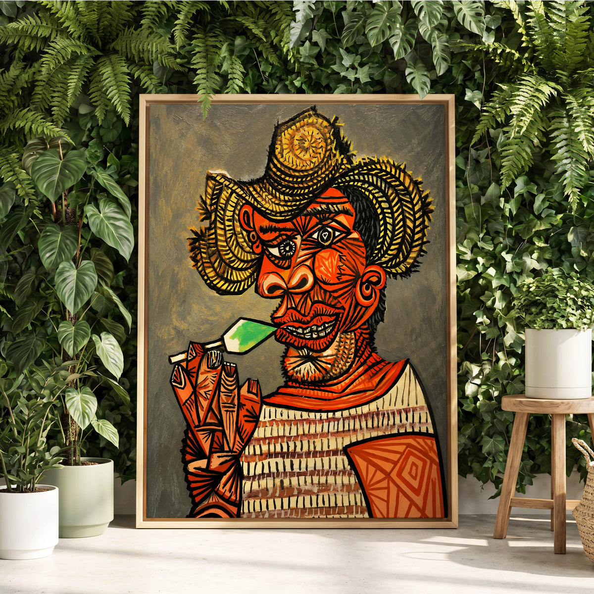 Horned Revelry, orange, black, gray abstract wall art displayed in a styled interior, gallery view 1