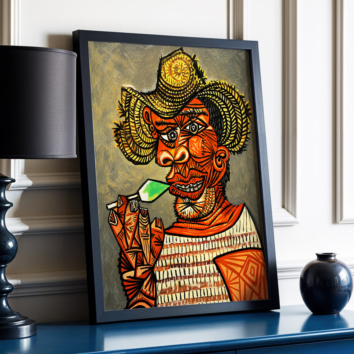 Horned Revelry, orange, black, gray abstract wall art displayed in a styled interior, gallery view 2