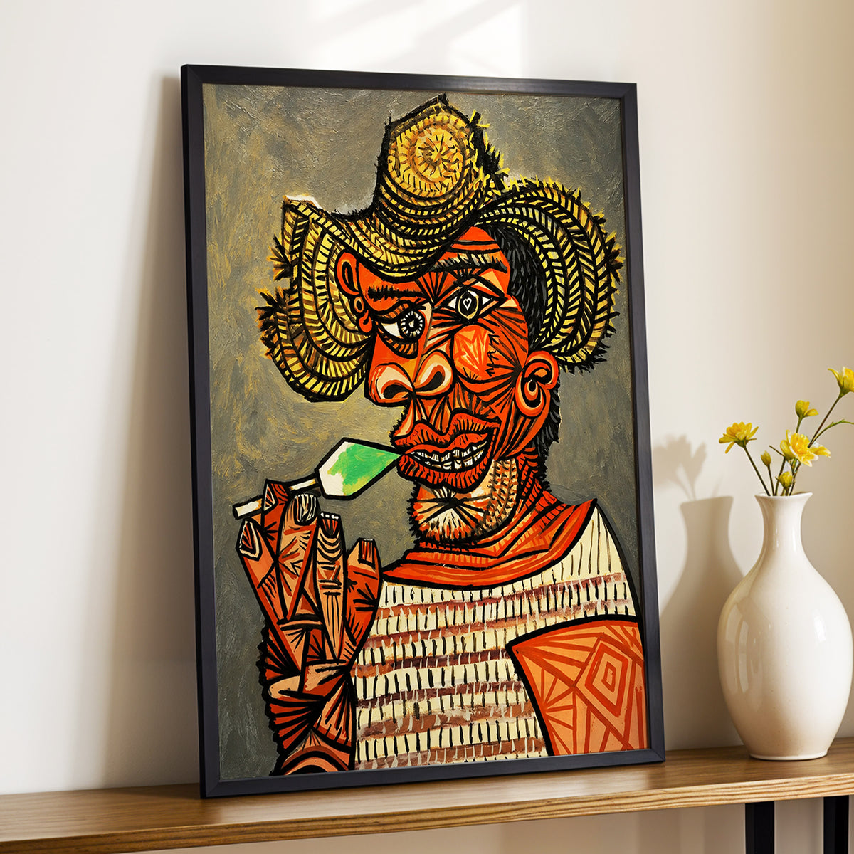 Horned Revelry, orange, black, gray abstract wall art displayed in a styled interior, gallery view 3