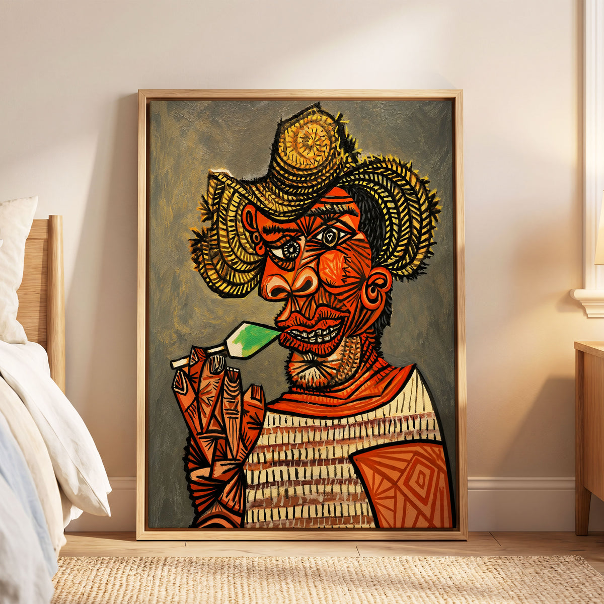 Horned Revelry, orange, black, gray abstract wall art displayed in a styled interior, gallery view 5