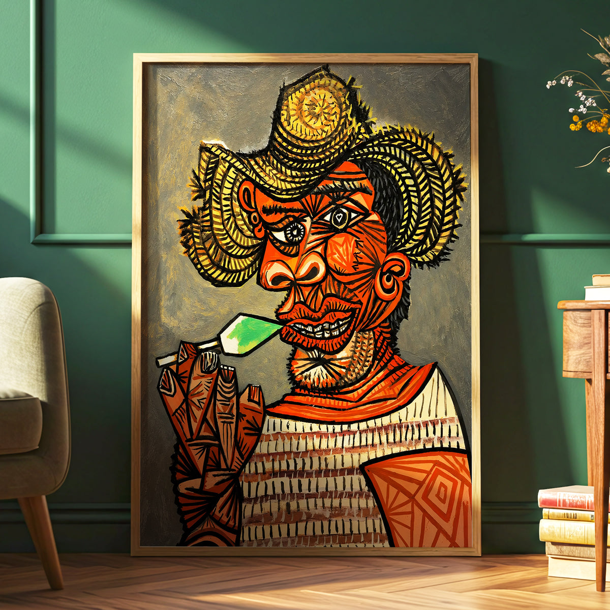 Horned Revelry, orange, black, gray abstract wall art displayed in a styled interior, gallery view 6
