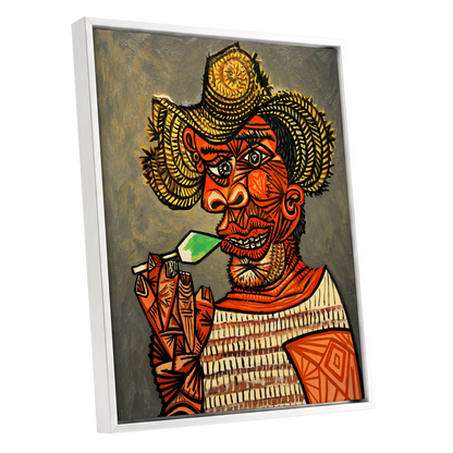Horned Revelry, orange, black, gray abstract wall art shown as a white framed canvas wall art