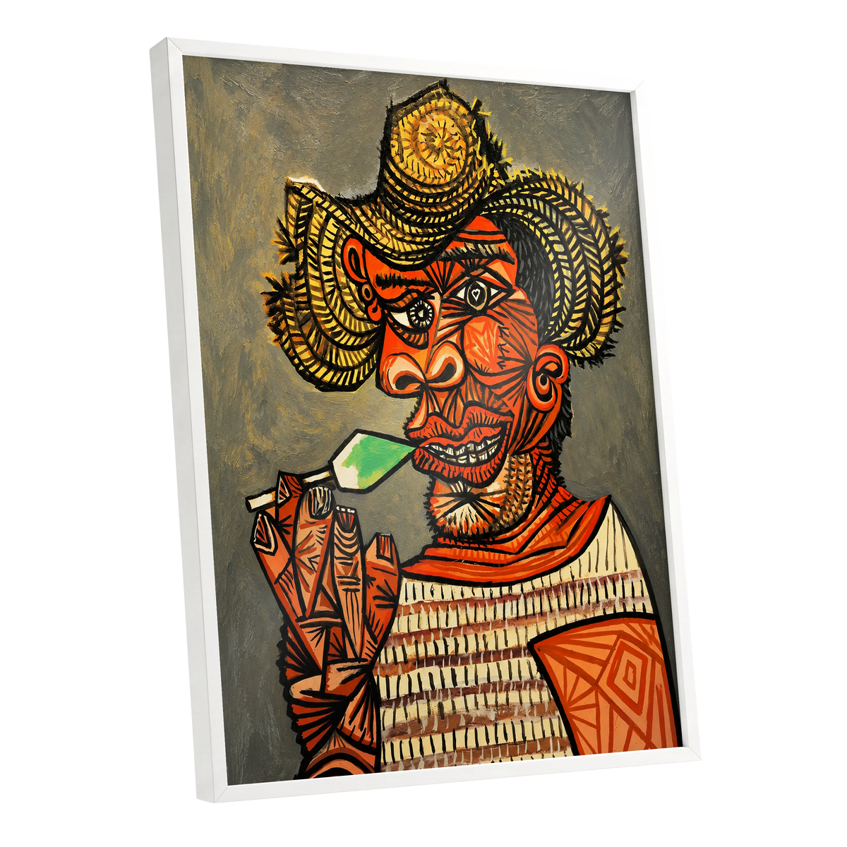 Horned Revelry, orange, black, gray abstract wall art shown as a white framed poster wall art print