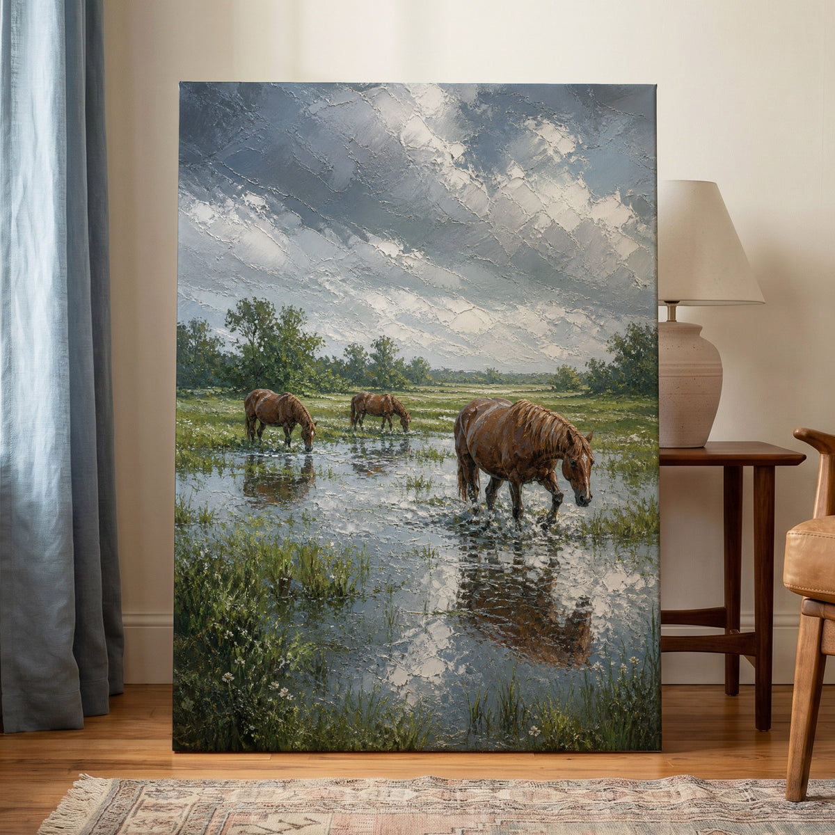 Horses After the Rain, blue, green, brown nature wall art on canvas displayed in a styled interior, gallery view 1