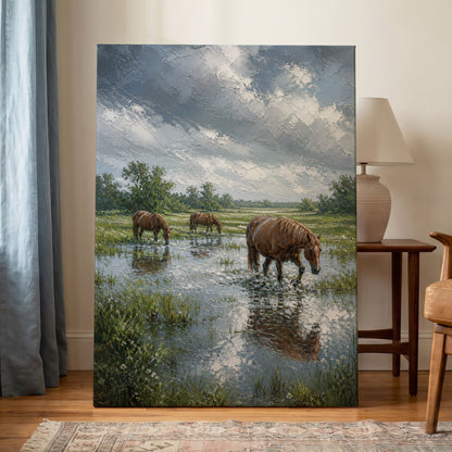 Horses After the Rain, blue, green, brown nature wall art on canvas displayed in a styled interior, gallery view 1