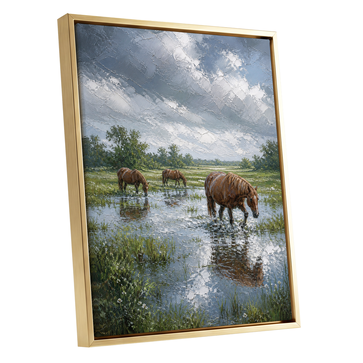 Horses After the Rain, blue, green, brown nature wall art shown as a gold framed canvas wall art