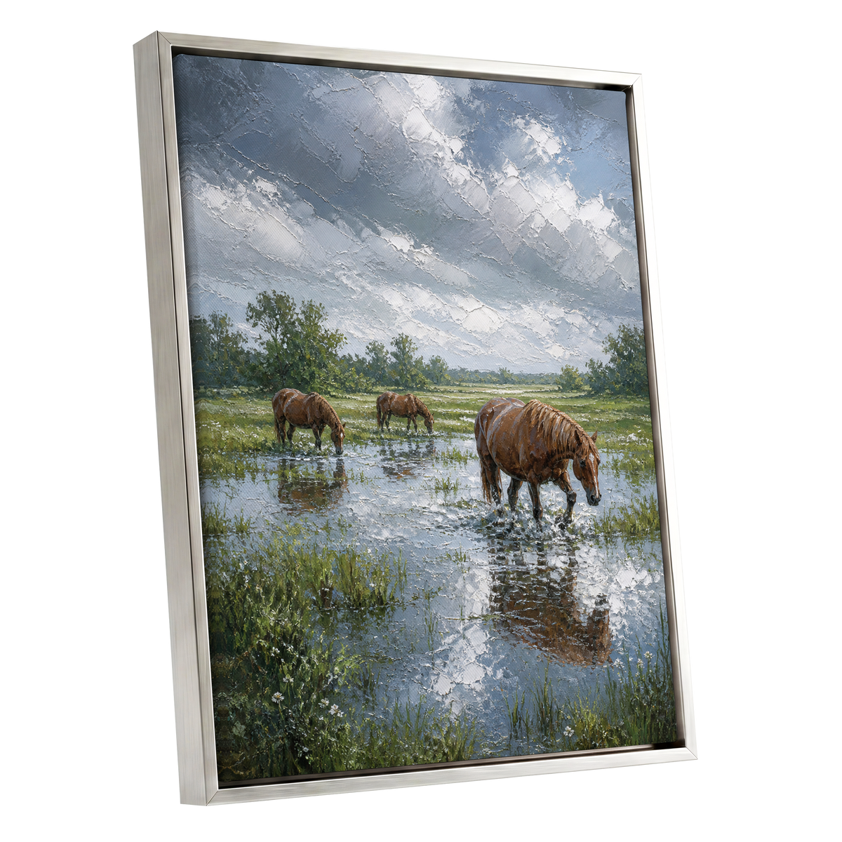 Horses After the Rain, blue, green, brown nature wall art shown as a silver framed canvas wall art