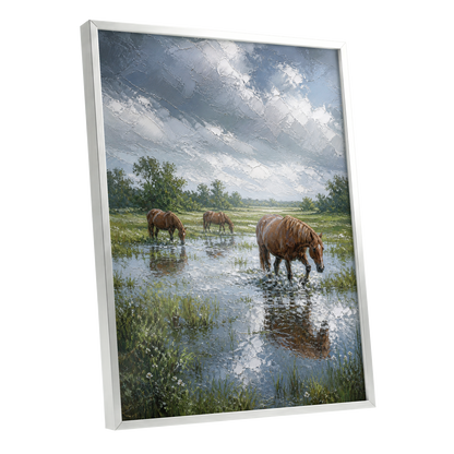 Horses After the Rain, blue, green, brown nature wall art shown as a silver framed poster wall art print