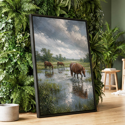 Horses After the Rain, blue, green, brown nature wall art displayed in a styled interior, gallery view 1