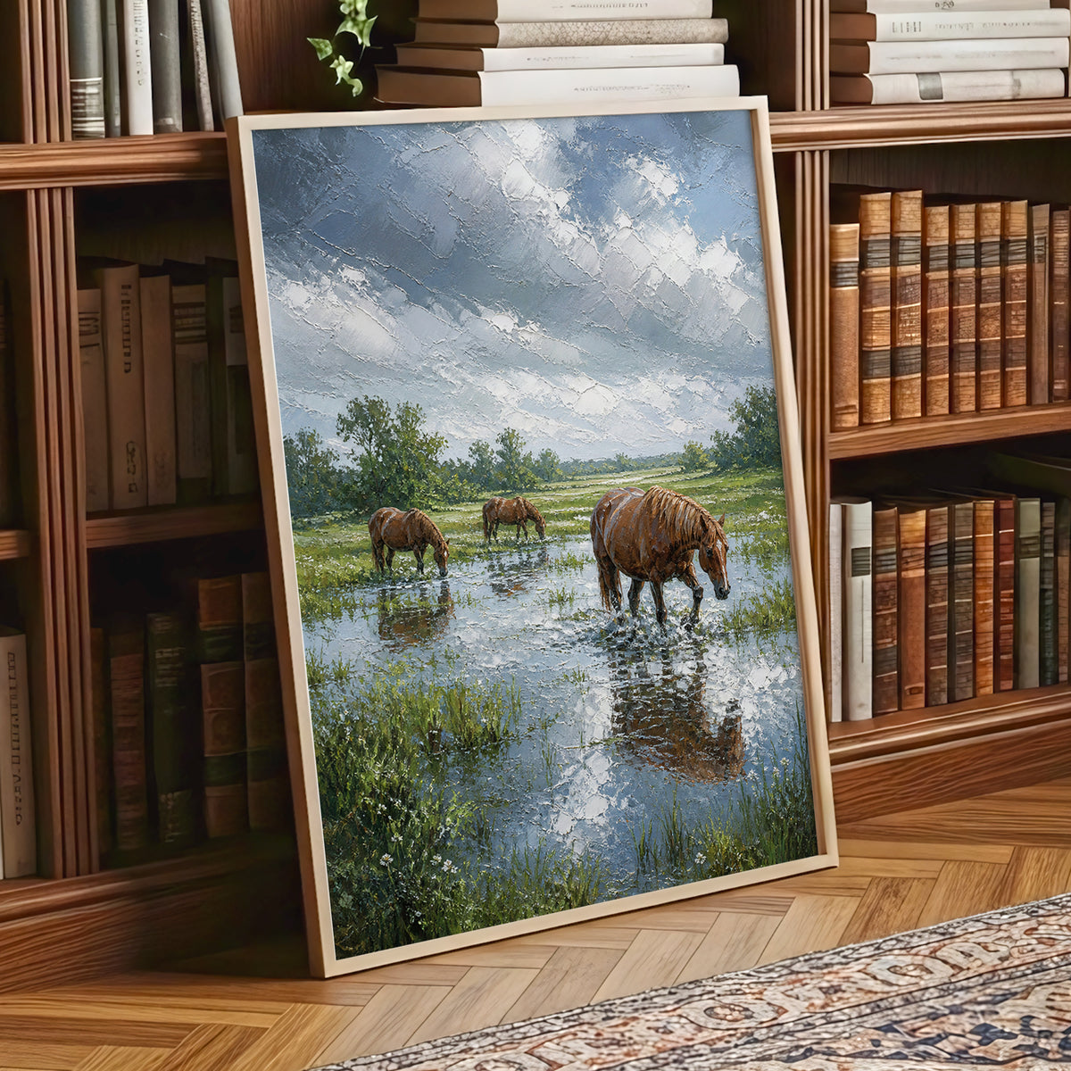 Horses After the Rain, blue, green, brown nature wall art displayed in a styled interior, gallery view 2