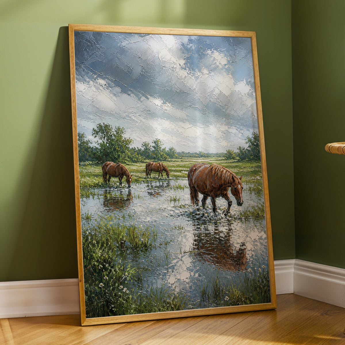 Horses After the Rain, blue, green, brown nature wall art displayed in a styled interior, gallery view 3