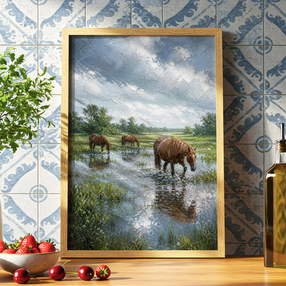 Horses After the Rain, blue, green, brown nature wall art displayed in a styled interior, gallery view 5