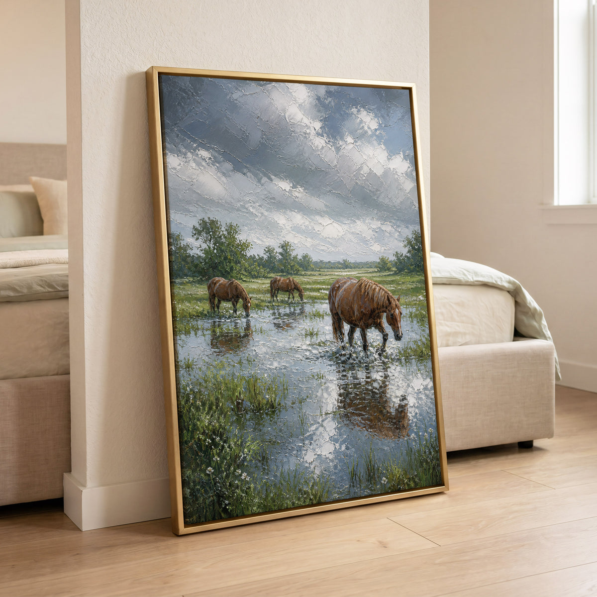 Horses After the Rain, blue, green, brown nature wall art displayed in a styled interior, gallery view 6