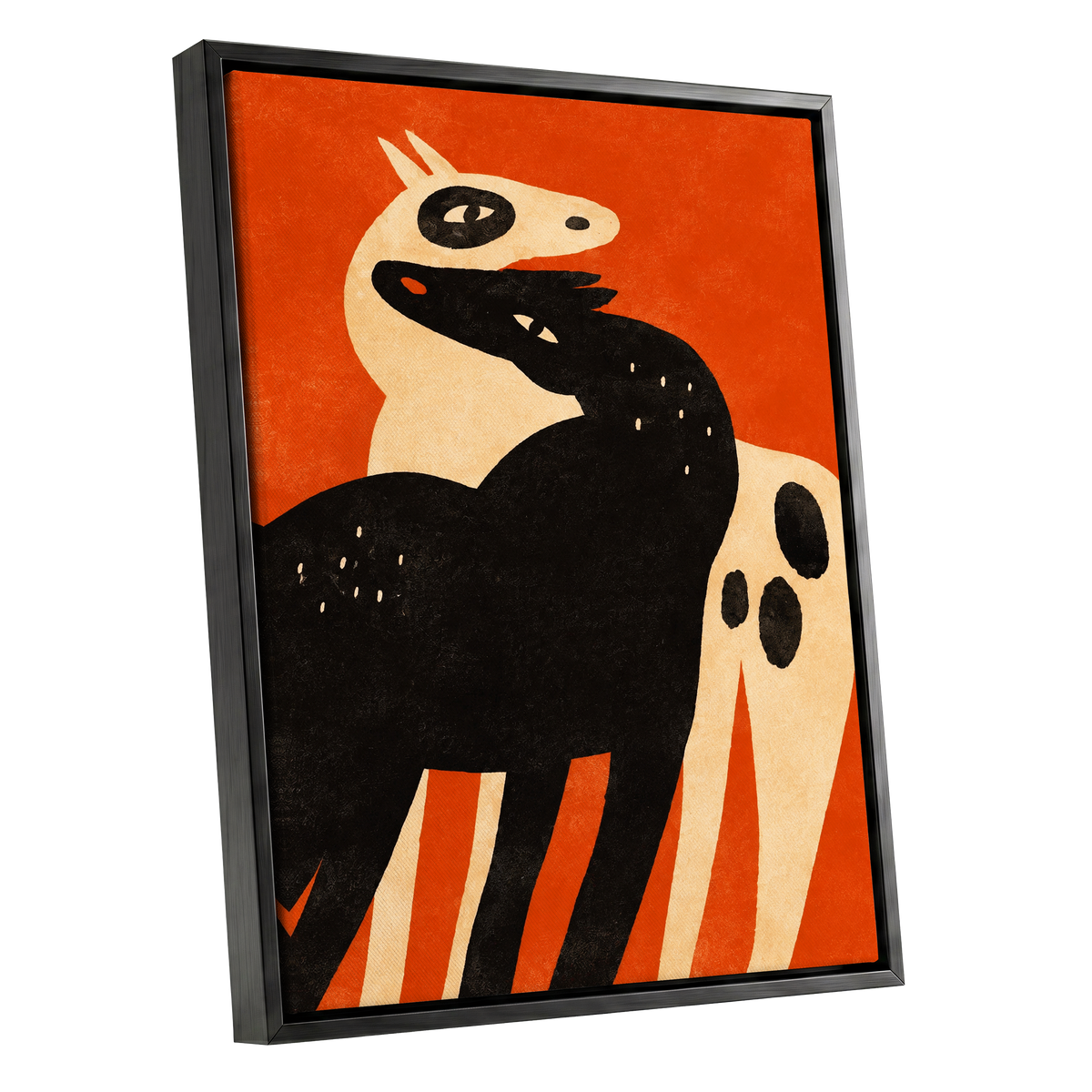 Horses in Ember, orange, black, beige nature wall art shown as a black framed canvas wall art