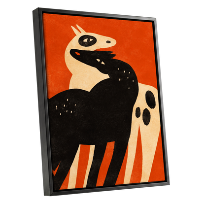 Horses in Ember, orange, black, beige nature wall art shown as a black framed canvas wall art