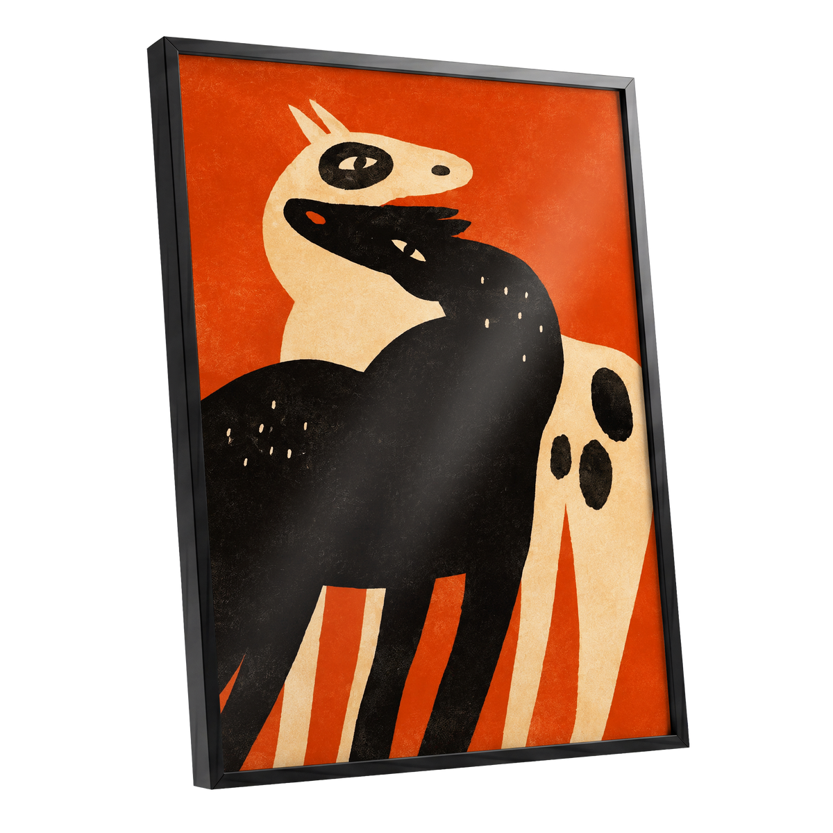 Horses in Ember, orange, black, beige nature wall art shown as a black framed poster wall art print