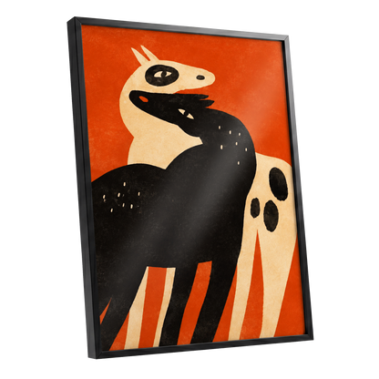 Horses in Ember, orange, black, beige nature wall art shown as a black framed poster wall art print