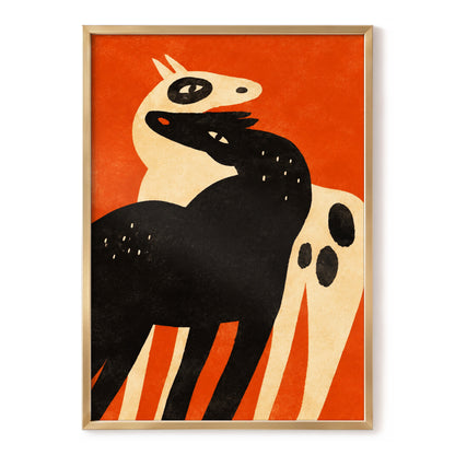 Horses in Ember, orange, black, beige nature wall art, front artwork view