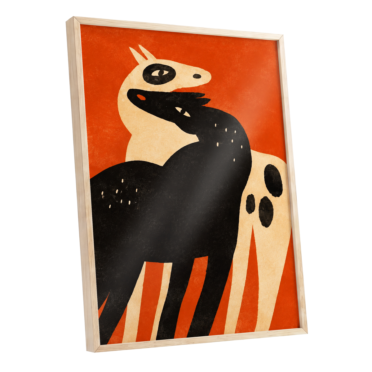 Horses in Ember, orange, black, beige nature wall art shown as a oak framed poster wall art print