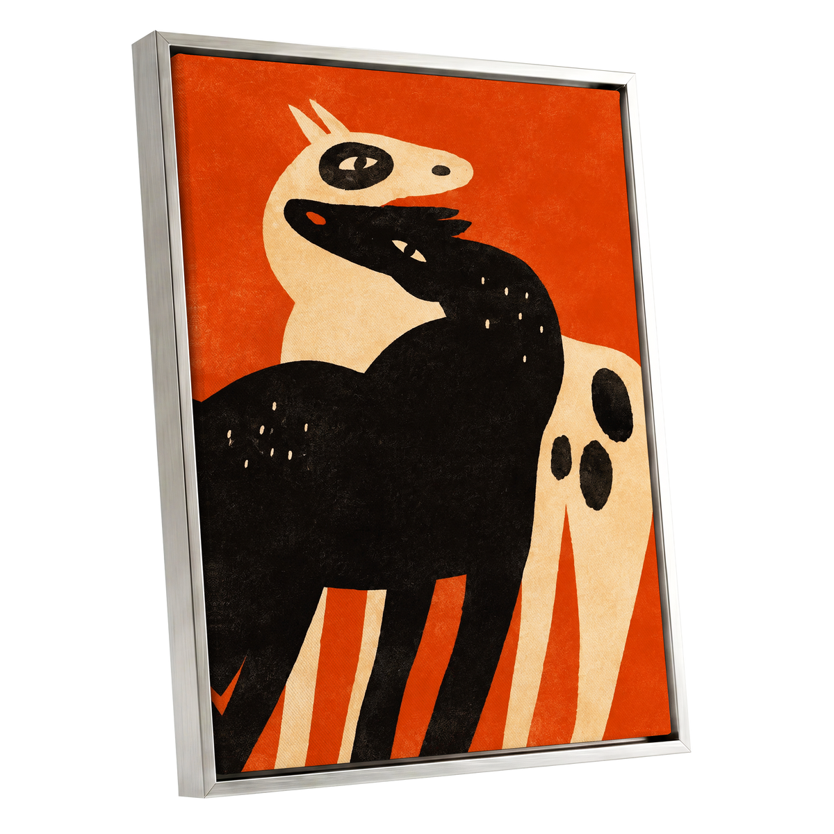 Horses in Ember, orange, black, beige nature wall art shown as a silver framed canvas wall art