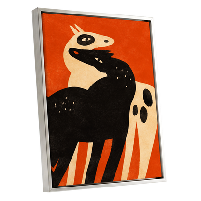 Horses in Ember, orange, black, beige nature wall art shown as a silver framed canvas wall art