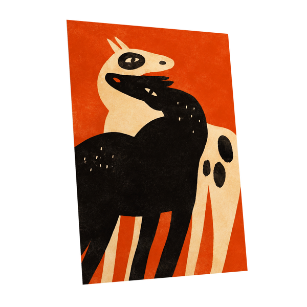 Horses in Ember, orange, black, beige nature wall art shown as a unframed poster wall art print