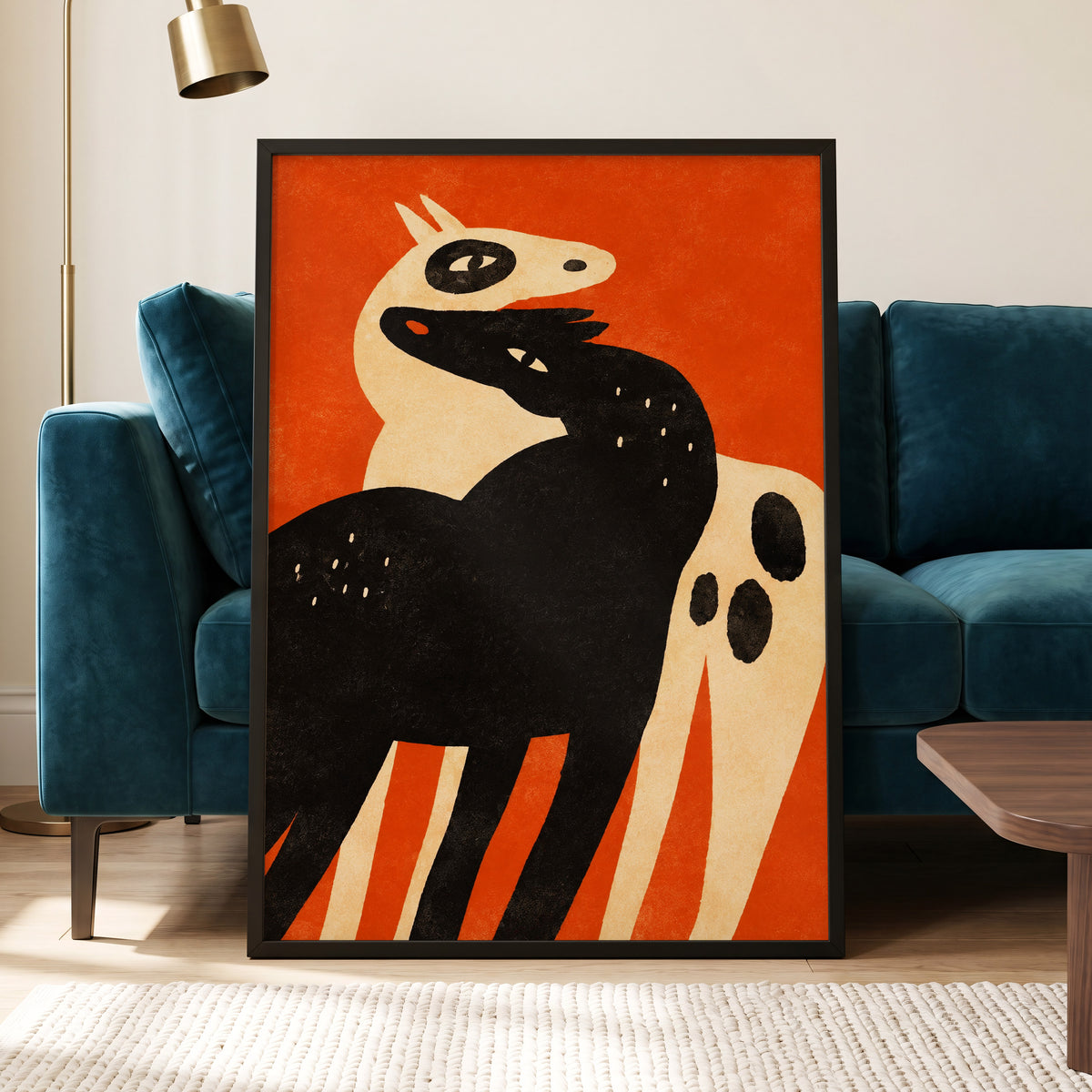 Horses in Ember, orange, black, beige nature wall art displayed in a styled interior, gallery view 2