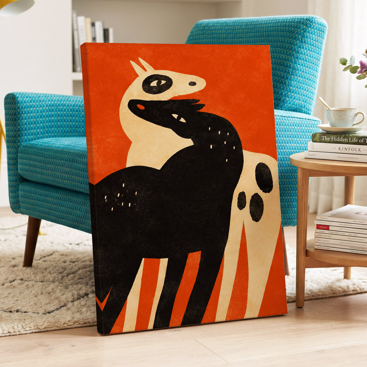 Horses in Ember, orange, black, beige nature wall art displayed in a styled interior, gallery view 3