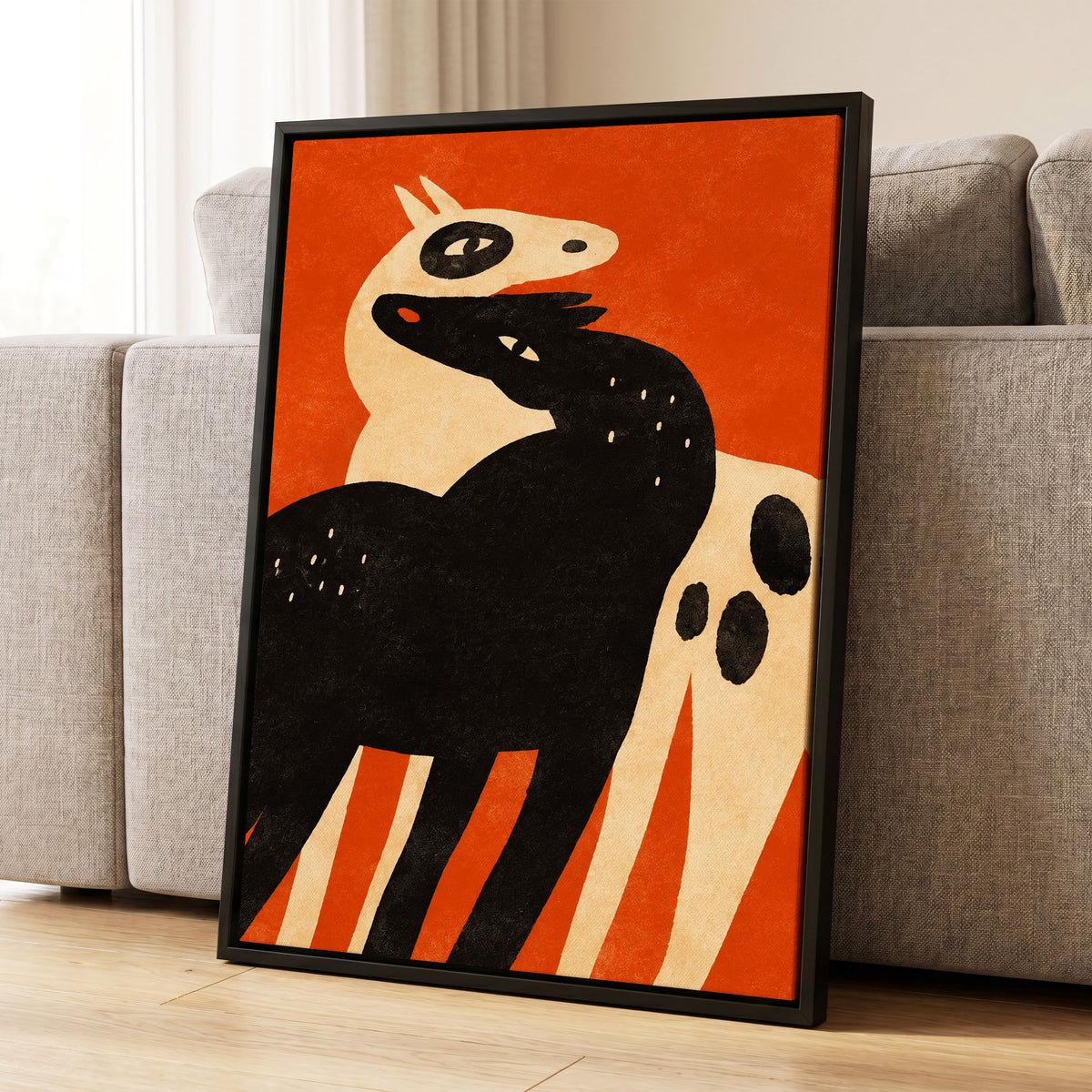 Horses in Ember, orange, black, beige nature wall art displayed in a styled interior, gallery view 4