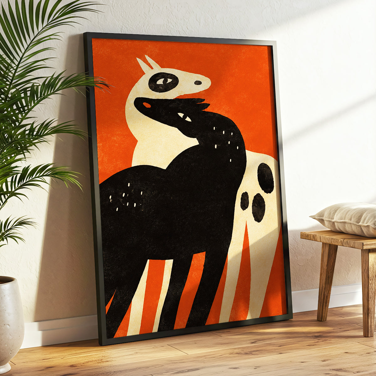 Horses in Ember, orange, black, beige nature wall art displayed in a styled interior, gallery view 6