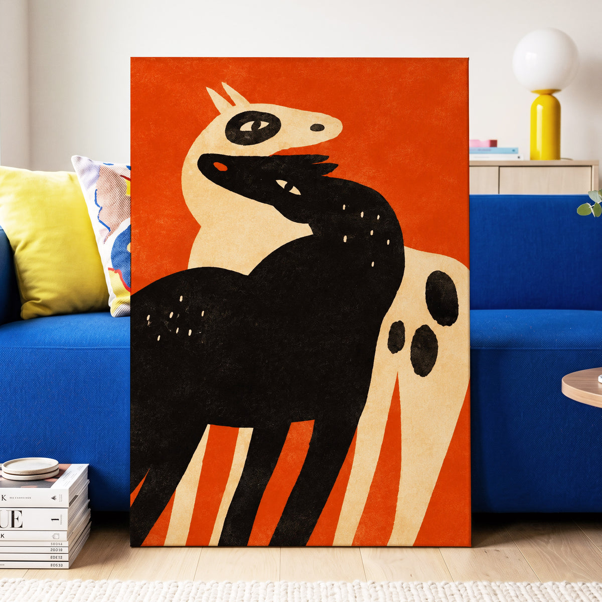 Horses in Ember, orange, black, beige nature wall art displayed in a styled interior, gallery view 7